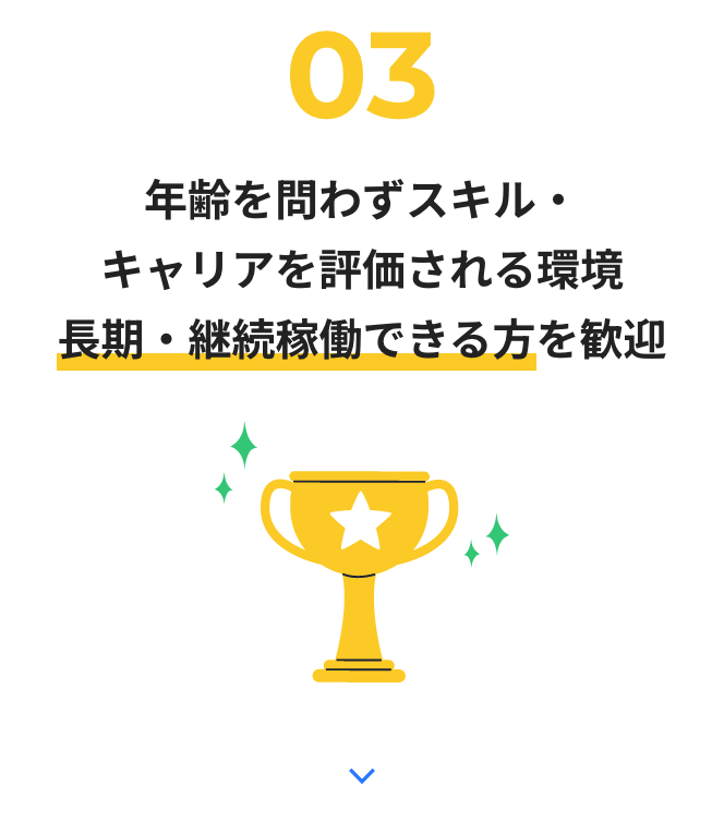 年齢を問わずスキル・キャリアを評価される環境。 長期・継続稼働できる方を歓迎します。