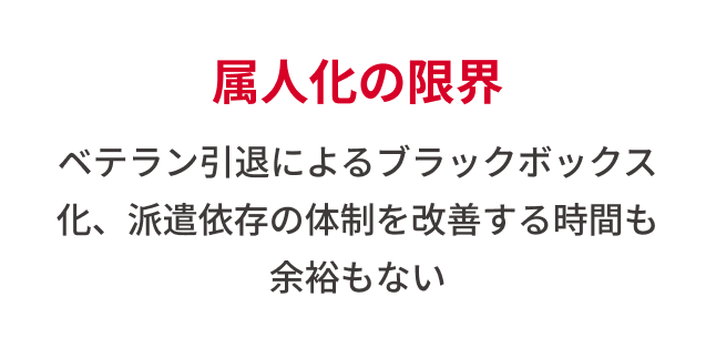 属人化の限界。ベテラン引退によるブラックボックス化、派遣依存の体制を改善する時間も余裕もない。