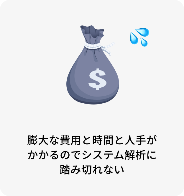 膨大な費用と時間と人手が かかるのでシステム解析に 踏み切れない