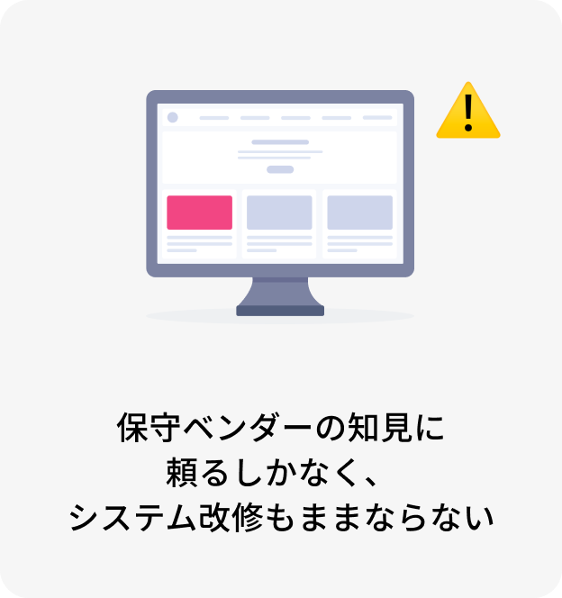 保守ベンダーの知見に 頼るしかなく、 システム改修もままならない