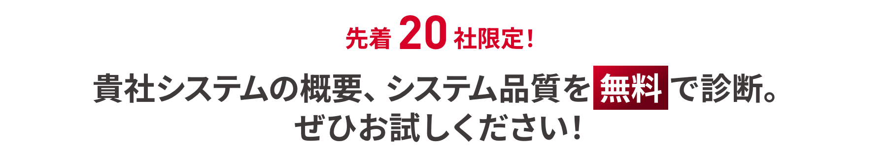 先着20社限定！貴社システムの概要、システム品質を無料で診断。ぜひお試しください！