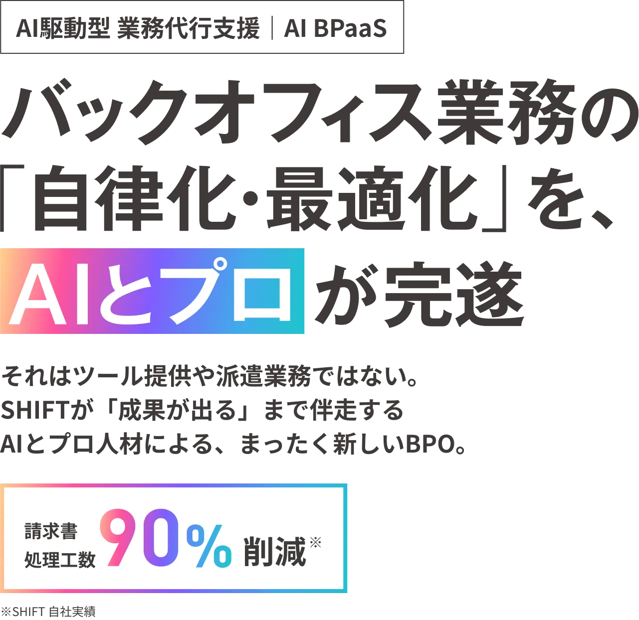 AI駆動型 業務代行支援｜AI BPaaS。それはツール提供や派遣業務ではない。 SHIFTが「成果が出る」まで伴走する AI×プロ人材による、まったく新しいBPO。請求書処理工数はSHIFT自社実績で90%削減。
