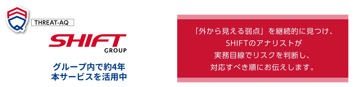 「外から見える弱点」を継続的に見つけ、 SHIFTのアナリストが 実務目線でリスクを判断し、 対応すべき順にお伝えします。